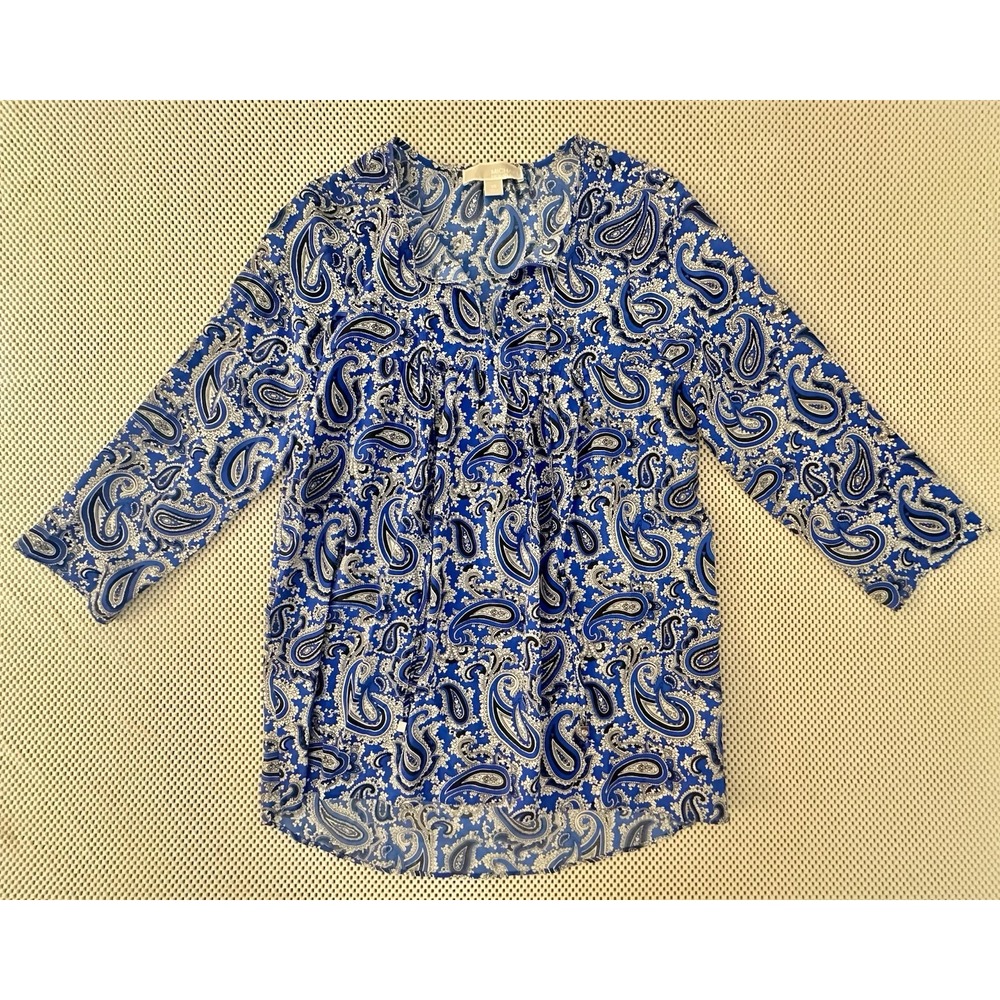 Michael Kors Tunic Blouse Top Women Sz XS/S Blue Paisley Print 3/4 Sleeve Casual